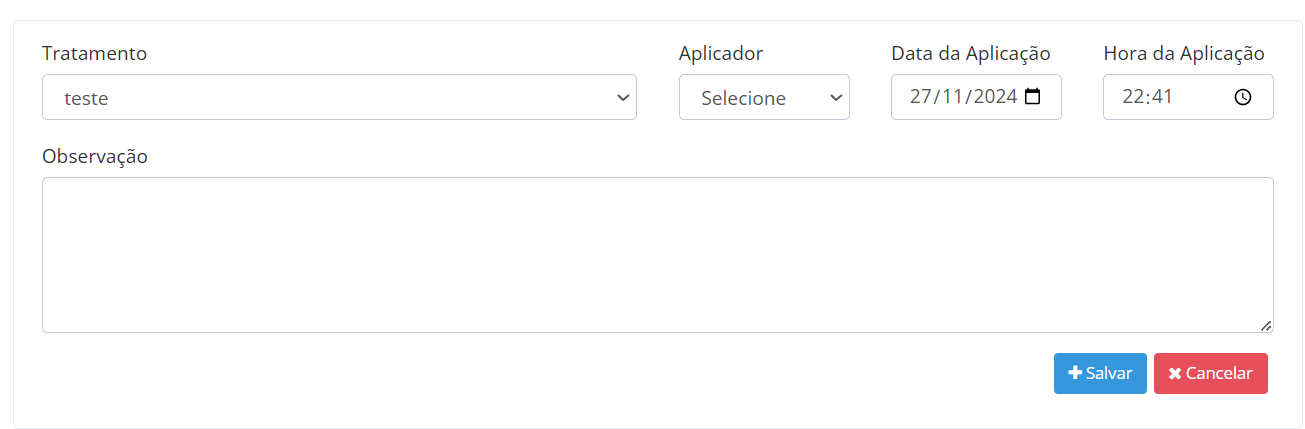 Visualização da Tela de Registro de Aplicações